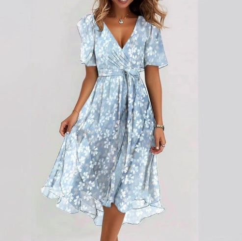 Chiffon Printed Short Sleeve Dress Summer Elegant V-neck Dresses Women JMF Products Chiffon Printed Short Sleeve Dress Summer Elegant V-neck Dresses Women JMF Products