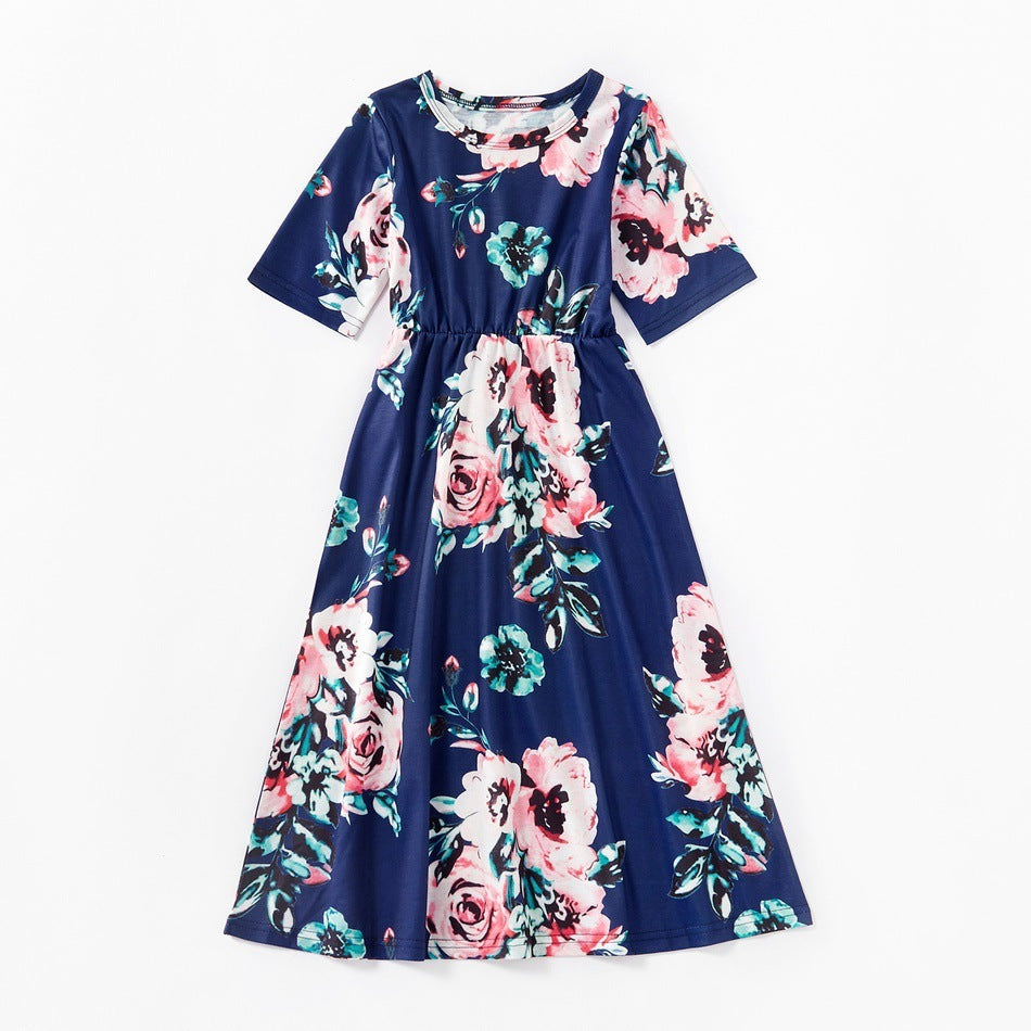 Parent-child Printed Mother And Daughter Mid-length Sleeve Dress Women's Long Skirt