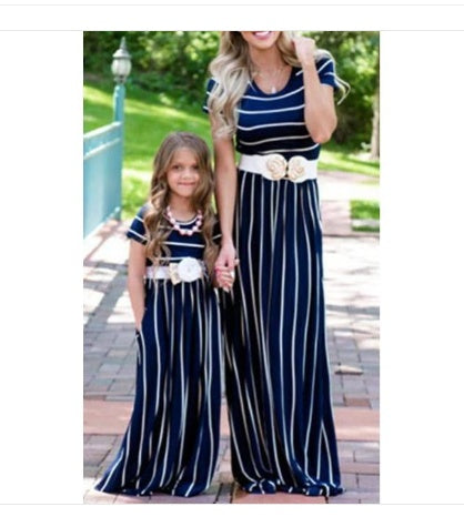 Popular Striped Mother-and-daughter Round Neck Short Sleeve Dress