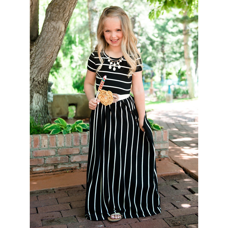 Popular Striped Mother-and-daughter Round Neck Short Sleeve Dress