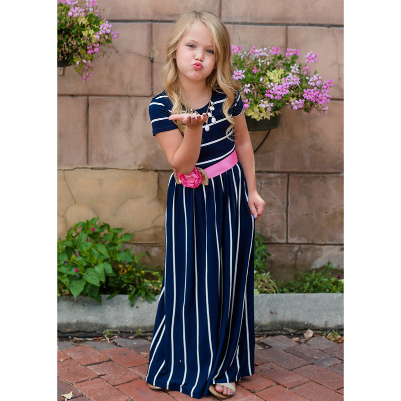 Popular Striped Mother-and-daughter Round Neck Short Sleeve Dress