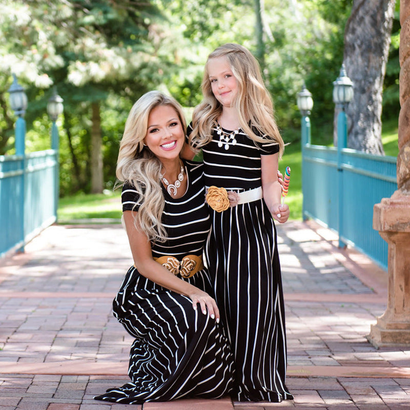 Popular Striped Mother-and-daughter Round Neck Short Sleeve Dress