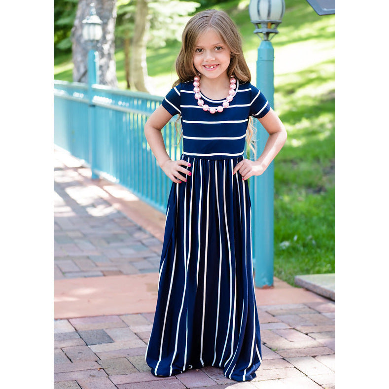 Popular Striped Mother-and-daughter Round Neck Short Sleeve Dress