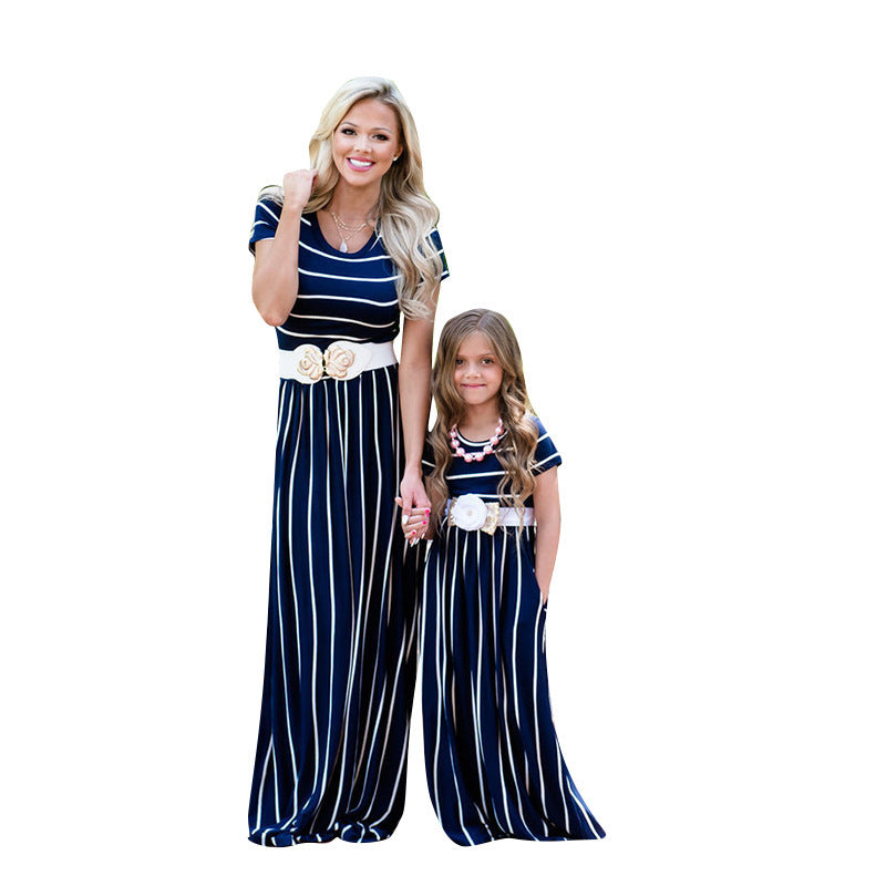 Popular Striped Mother-and-daughter Round Neck Short Sleeve Dress