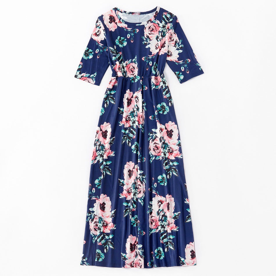 Parent-child Printed Mother And Daughter Mid-length Sleeve Dress Women's Long Skirt